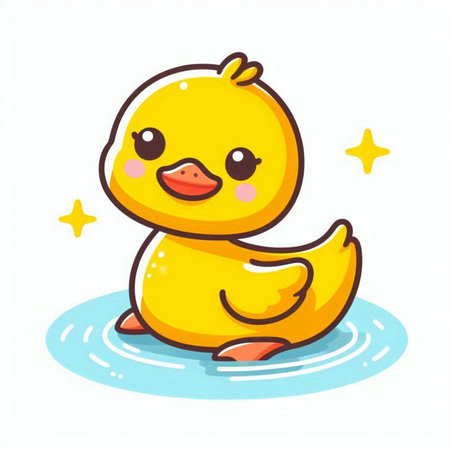Cute yellow duckling sitting in the water. Vector illustration.のイラスト素材