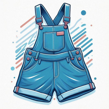 Hand drawn vector illustration of a pair of denim shorts with suspenders.のイラスト素材
