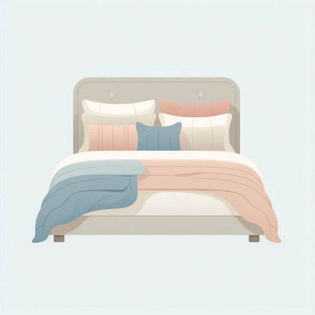 Bed with pillows and blanket. Vector illustration in cartoon style.のイラスト素材