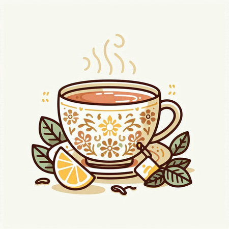 Cup of tea with lemon and leaves. Hand drawn vector illustration.のイラスト素材