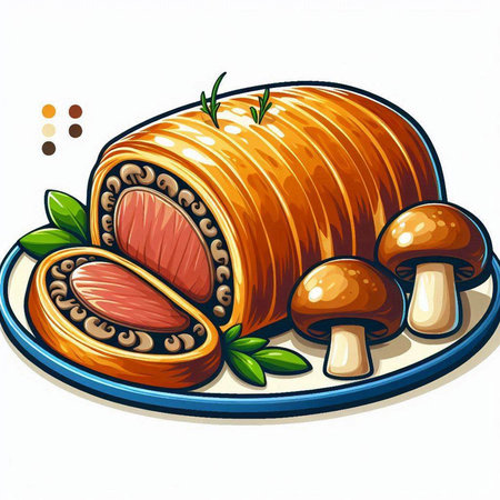 Illustration of a smoked meat roll with mushrooms on a white backgroundのイラスト素材