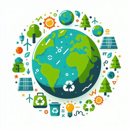 Ecology and environment concept. Earth planet with recycling symbols. Vector illustration.のイラスト素材