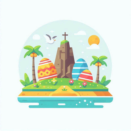 Vector illustration of island with sand, palm trees, easter eggs and cross.のイラスト素材