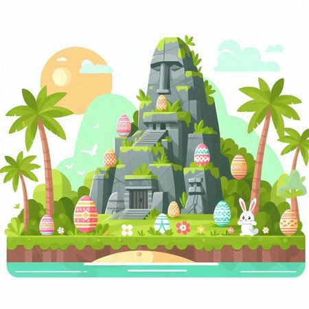 Easter eggs and rabbit on the island. Vector flat illustration.のイラスト素材