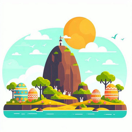 Easter landscape with eggs and rabbit. Vector illustration in flat styleのイラスト素材
