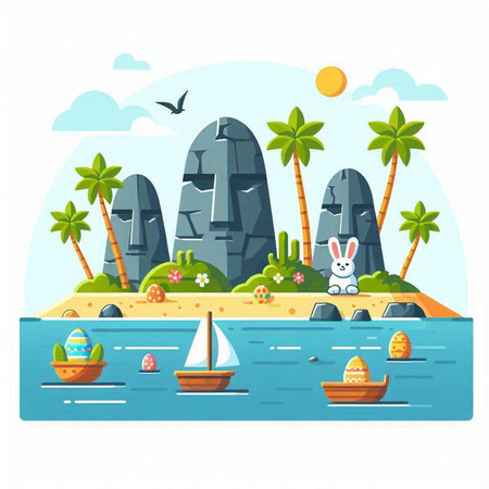 Vector illustration of the island with palm trees, boats and rocks.のイラスト素材