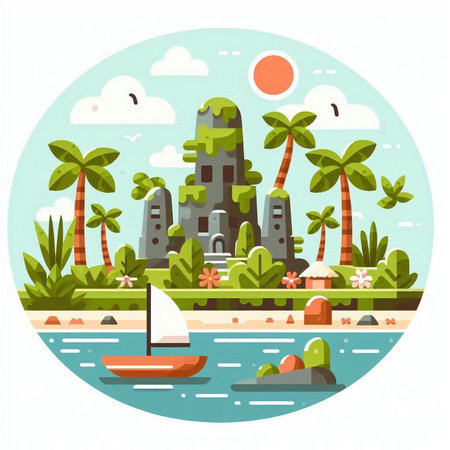 Tropical island with palm trees and boats. Flat vector illustration.のイラスト素材