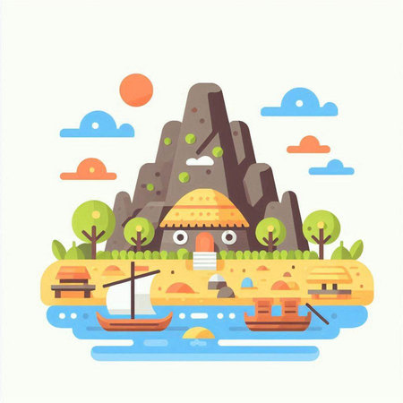 Cartoon island in the sea. Vector illustration in flat style.のイラスト素材