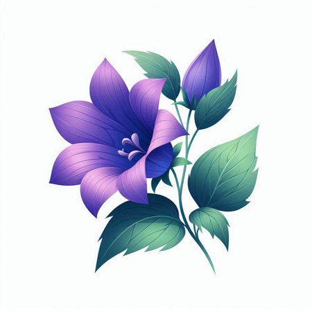Illustration of blue bellflowers with green leaves on white backgroundのイラスト素材