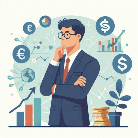 Businessman thinking about money. Vector illustration in flat cartoon style.のイラスト素材