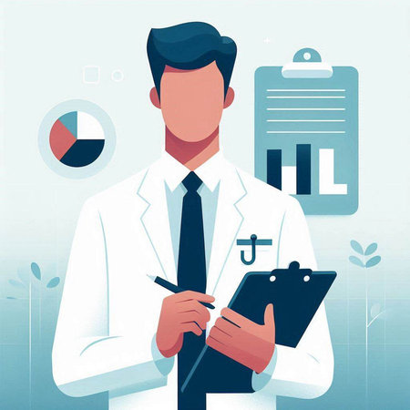 Vector illustration of a male doctor writing on clipboard. Healthcare concept.のイラスト素材