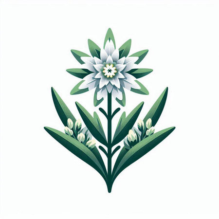 Illustration of a white flower with green leaves on a white backgroundのイラスト素材