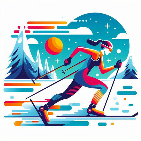 Vector illustration of a woman skiing in the mountains. The concept of sports and recreation.のイラスト素材