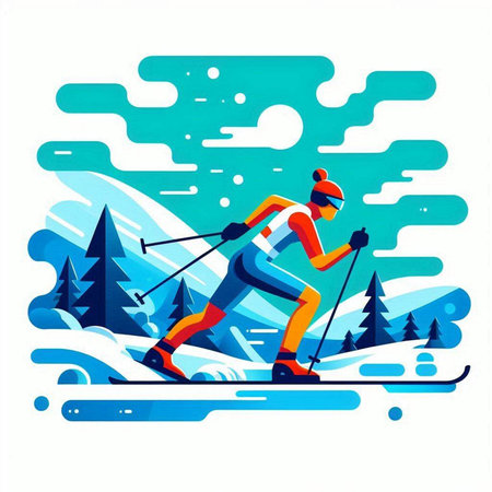 Skier skiing in the mountains. Winter sport. Vector illustration.のイラスト素材