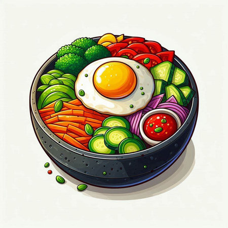 Illustration of a bowl of vegetable salad with fried egg and vegetablesのイラスト素材