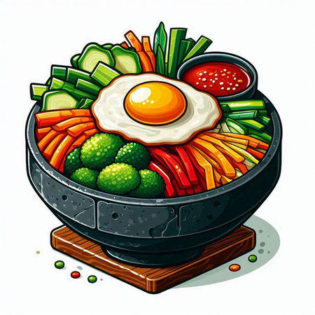 Bibimbap - Korean hot pot with vegetables and fried eggのイラスト素材