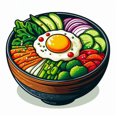 Bowl of ramen with fried egg and vegetables. Vector illustration.のイラスト素材