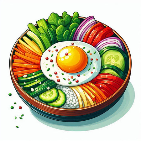 Bowl of vegetable salad with egg on white background. Vector illustration.のイラスト素材