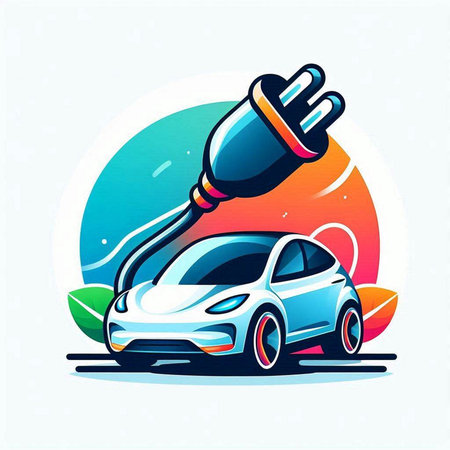 Electric car with electric plug. Vector illustration in flat cartoon style.のイラスト素材