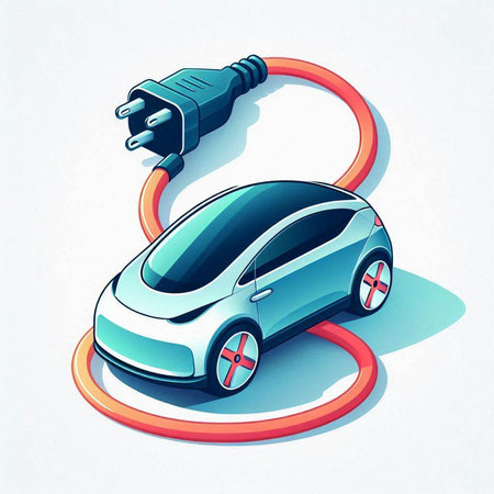 Electric car connected to a power cord on a white background. 3d renderのイラスト素材