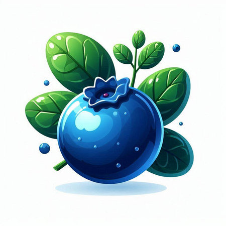 Blueberry with green leaves on white background. Vector cartoon illustration.のイラスト素材
