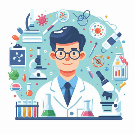 Scientist in laboratory. Vector illustration in flat cartoon style. Medicine and science concept.のイラスト素材