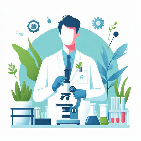 Scientist working with microscope in laboratory. Vector illustration in flat styleのイラスト素材