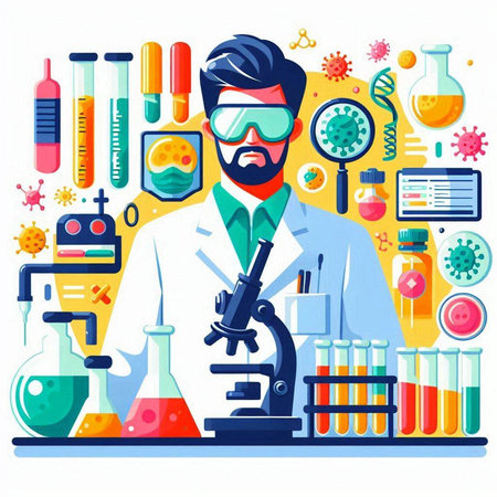 Scientist with microscope and test tubes. Flat style vector illustration.のイラスト素材