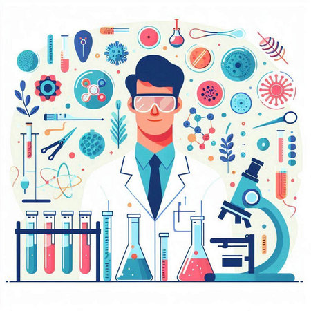 Scientist in laboratory. Vector illustration in flat design style. Science, chemistry, biology, medicine.のイラスト素材