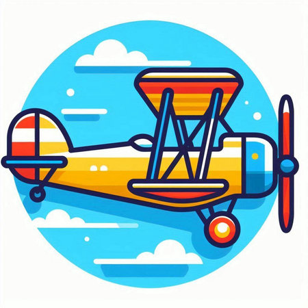 Airplane with propeller in the sky. Vector illustration in flat styleのイラスト素材
