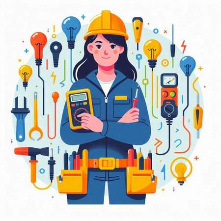 Female electrician with tools. Vector illustration in flat cartoon style.のイラスト素材