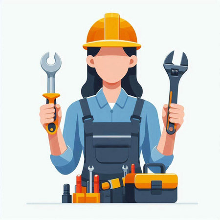 Female construction worker with tools. Vector illustration in flat cartoon style.のイラスト素材