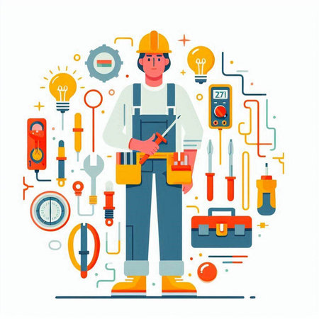 Repairman with tools and instruments. Vector illustration in flat styleのイラスト素材
