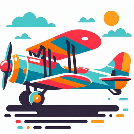 Vector illustration of retro airplane in flat style with clouds on background.のイラスト素材