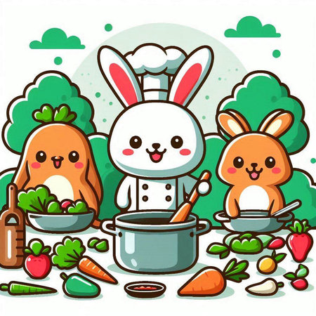 Vector illustration of Cute Cartoon Rabbit and Bunny Cooking in the Gardenのイラスト素材