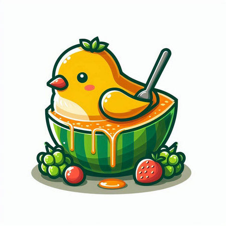 Cute yellow chick eating honey isolated on white background. Vector illustration.のイラスト素材