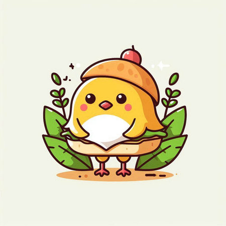 Cute chicken cartoon with bread and green leaves. Vector illustration.のイラスト素材
