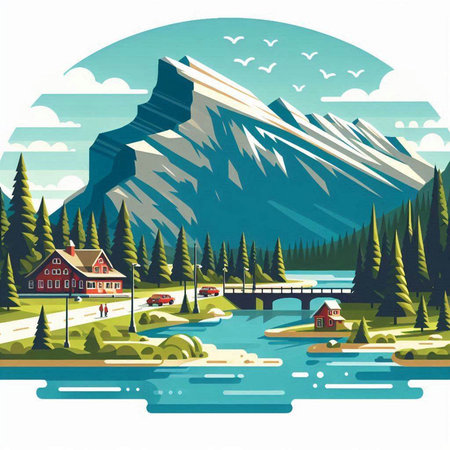 Mountain landscape with a river and a house. Vector illustration.のイラスト素材