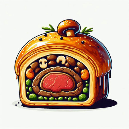 Illustration of a bread stuffed with meat and vegetables. Vector illustration.のイラスト素材