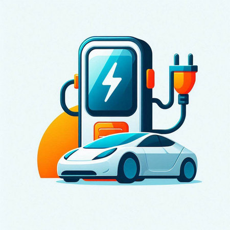 Electric car charging station vector illustration. Electric car charging station with electric cable.のイラスト素材