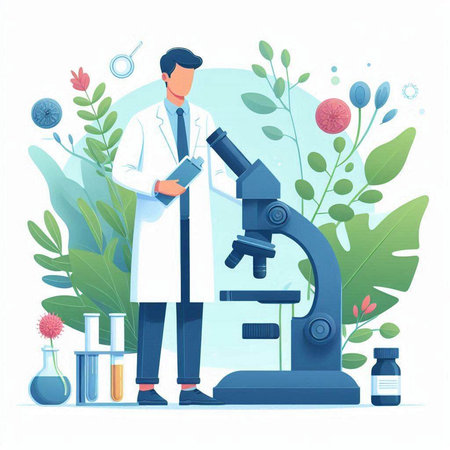 Scientist with microscope. Vector illustration in flat style. Medical laboratory.のイラスト素材