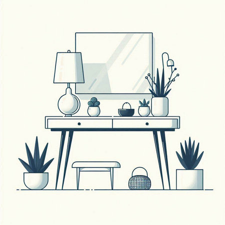 Illustration of a home office workspace with desk, lamp and plantsのイラスト素材