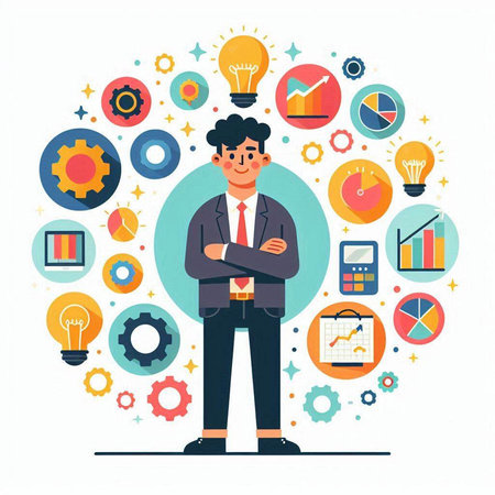 Businessman with a lot of business icons around him. Vector illustrationのイラスト素材