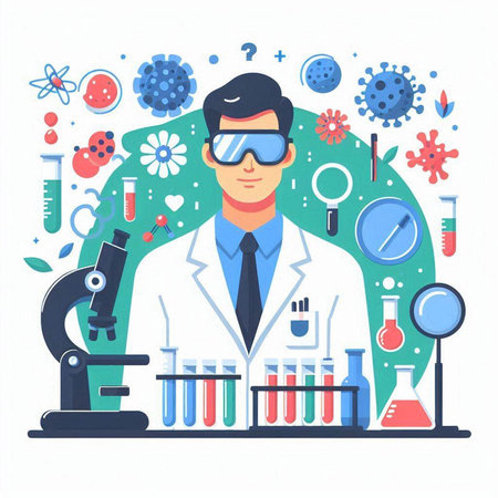 Scientist with microscope and test tubes. Vector illustration in flat styleのイラスト素材