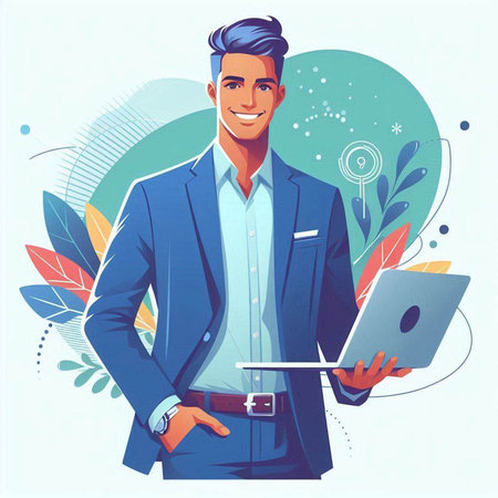 Handsome businessman with laptop. Vector illustration in cartoon style.のイラスト素材