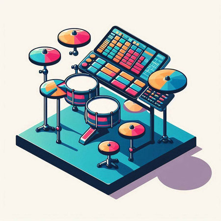 Drum kit isometric vector illustration. Music and sound instruments.のイラスト素材