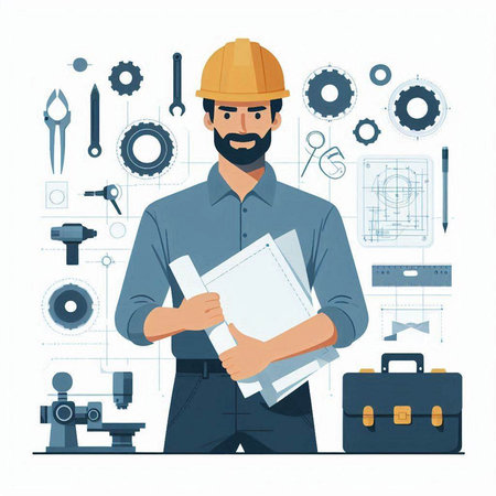 Engineer with blueprint. Vector illustration in flat style. Isolated on white background.のイラスト素材