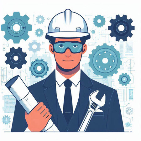 Engineer with tools. Vector illustration in flat style. Engineer on white background.のイラスト素材