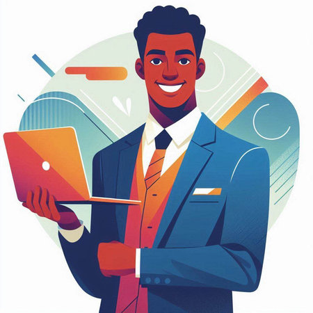 Businessman with laptop. Young african-american man in a business suit. Vector illustration.のイラスト素材