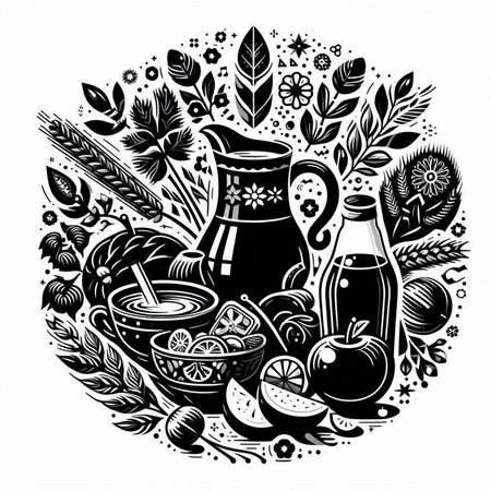 Hand drawn vector illustration of healthy food and drink. Doodle sketch style.のイラスト素材